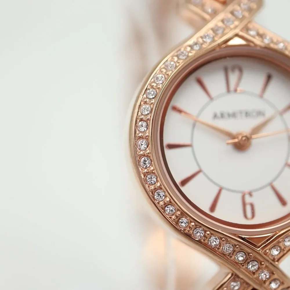 Armitron Womens Rose Gold Tone Watch 24mm Jewel Bezel Bracelet w New Battery